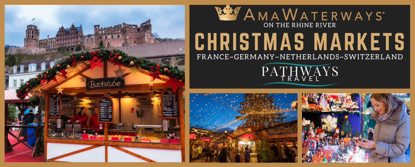Christmas markets on the Rhine River. Castles, shopping and food!