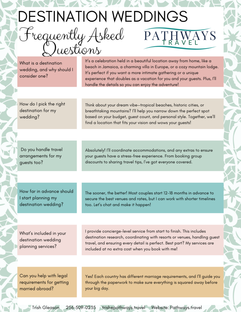  A list of FAQ for Destination weddings to help couples plan their destination wedding
